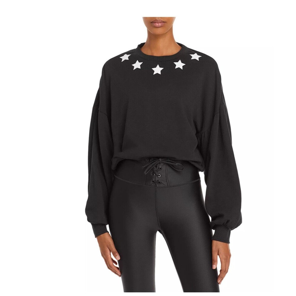 NEW AQUA Athletic Star Print Sweatshirt LONG SLEEVE TOP CROPPED M MEDIUM BLACK